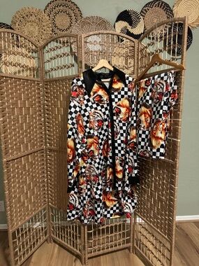 LALA Checkered Lion and Tiger Print Two-Piece Set - Bold Black & Orange